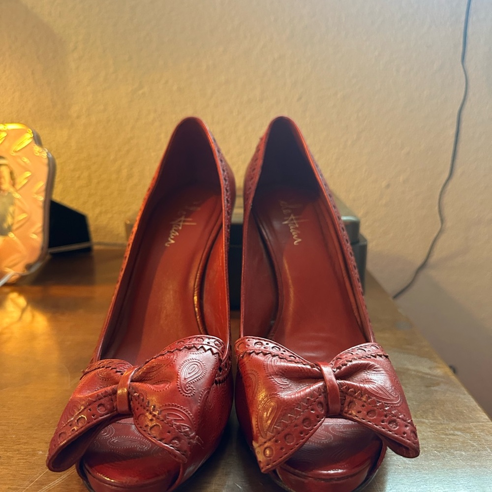 Cole Haan Red Bow Peep-Toe Heels